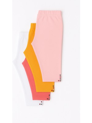 Mini Kanka Kız Çocuk 4’lü Kapri Tayt Seti – Düz Renk, Esnek Kumaş, Paça Boncuk Detaylı Günlük Tayt