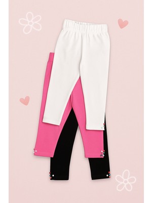 Mini Kanka Kız Çocuk 3’lü Kapri Tayt Seti – Düz Renk, Esnek Kumaş, Paça Boncuk Detaylı Günlük Tayt