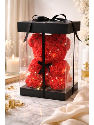 Salish Işıklı Şeffaf Kutuda Kırmızı Gül Kaplı Ayıcık  | Özel Tasarım Romantik Sevgililer Günü Hediye