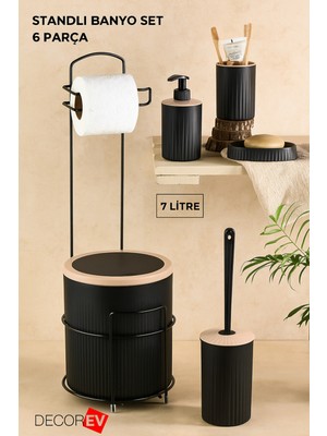 UltraMint Lüks Siyah 6'lı Banyo Seti Metal Standlı Tuvalet Kağıtlık Şık Tasarım