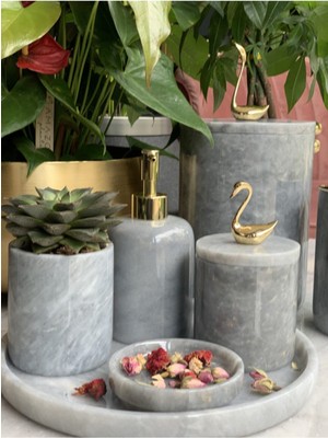 UltraMint Gri Mermer 5'li Şık Banyo Seti, Zarif ve Modern Tasarım