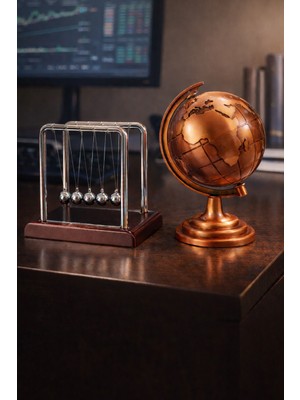 Deco Elit 2'li Set Bronz Metal Dünya Küresi ve Küçük Denge Topu – Masaüstü Süs Ofis ve Ev Dekoru Hediyesi