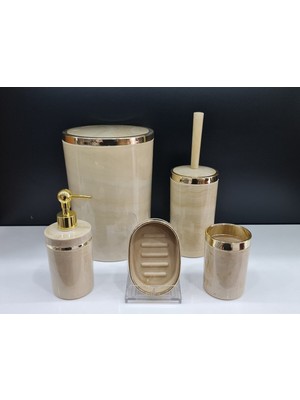UltraMint 5'li Akrilik Yuvarlak Banyo Seti, Krem Mermer ve Gold Kromaj Detaylı