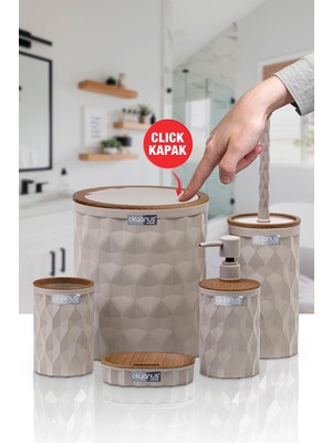 UltraMint Şık Ahşap Click Kapaklı 5'li Banyo Seti, Modern ve Kullanışlı Tasarım