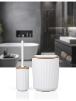 UltraMint Kırık Beyaz Çizgili Yuvarlak Wc Kova ve Fırça Seti, Şık ve Pratik Kullanım