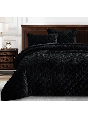 Braventa Collection Chezmoi Collection Lüks Siyah Kadife Yorgan Büyük Boy Kral Seti, 3 Parça Peluş Eskitilmiş Kadife Yat