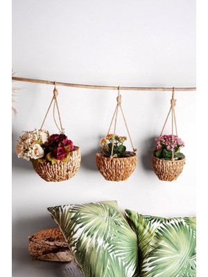 Braventa Collection 3'lü Asılabilir El Yapımı ve Doğal Yuvarlak Hasır Saksılık Seti, 3'lü Hasır Yuvarlak Saksı Seti