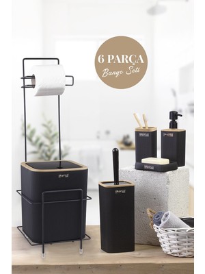 UltraMint Siyah Kare Mini Düğmeli Standlı Wc Kağıtlık ve 6 Parça Banyo Seti