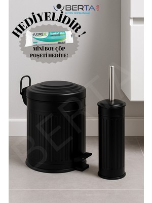 UltraMint Vintage Siyah Banyo Seti, Çöp Kovası ve Tuvalet Fırçası Hediyeli