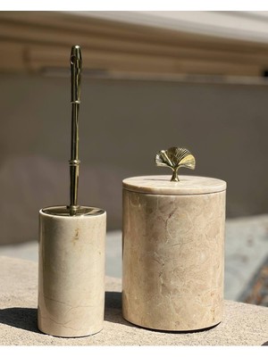 UltraMint Şık Beyaz Mermer Dekoratif Çöp Kovası ve Wc Fırçası Takımı