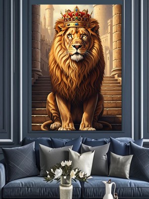 Artmeg Taçlı Aslan Kral Portresi Dekoratif Kanvas - Mdf Ahşap Tablo