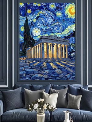 Tablomega Van Gogh Yıldızlı Gece Illüstrasyonu Dekoratif Kanvas - Mdf Ahşap Tablo