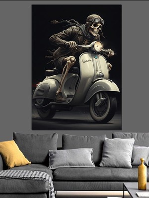 Tablomega Scooter Kullanan Gözlüklü Iskelet Dekoratif Kanvas - Mdf Ahşap Tablo