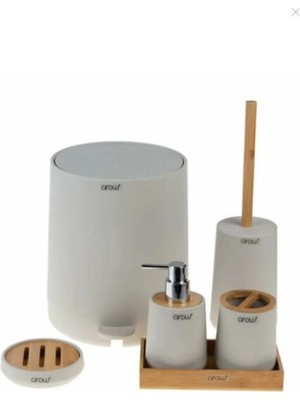 UltraMint Bambu Kapaklı Akrilik 6 Parça Yuvarlak Banyo Seti Krem