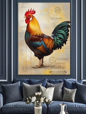 Karizma Tablo Horoz Vintage Poster Çizimi Dekoratif Kanvas - Mdf Ahşap Tablo