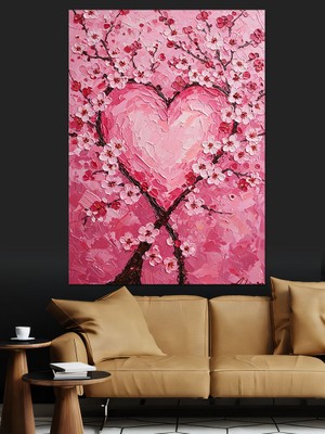 Karizma Tablo Pembe Boyalı Kalp Desen Dekoratif Kanvas - Mdf Ahşap Tablo