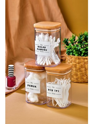 UltraMint 3'lü Ahşap Kapaklı Akrilik Kulak Pamuğu ve Diş Ipi Organizeri Seti