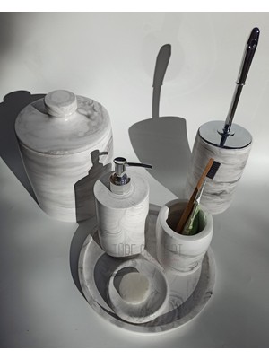 UltraMint Mermer Görünümlü Banyo Seti, Çöp Kovası, Wc Fırçası, Sabunluk ve Fırçalık