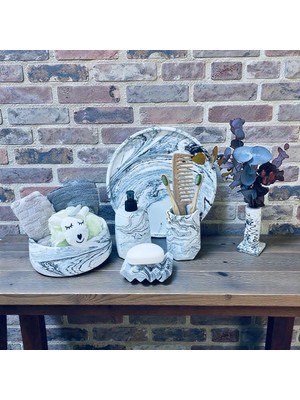 UltraMint Mermer Desenli 6'lı Beton Banyo Seti, Tuvalet ve Aksesuar Takımı