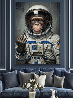 Karizma Tablo Astronot Kıyafetli Şempanze Resmi Dekoratif Kanvas - Mdf Ahşap Tablo