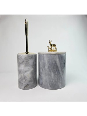 UltraMint Gri Mermer Desenli Çöp Kutusu ve Fırça Seti, Şık ve Kullanışlı Tasarım