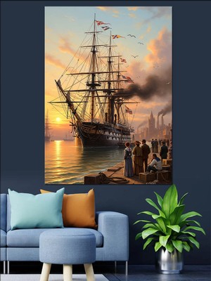Karizma Tablo Retro Gemi ve Sahil Kasabası Dekoratif Kanvas - Mdf Ahşap Tablo