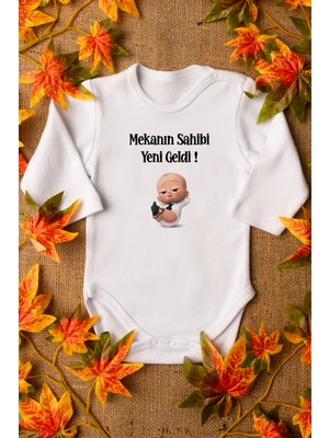 Overoz Patron Bebek Mekanın Sahibi Yeni Geldi Baskılı Uzun Kollu Beyaz Body Zıbın 5128