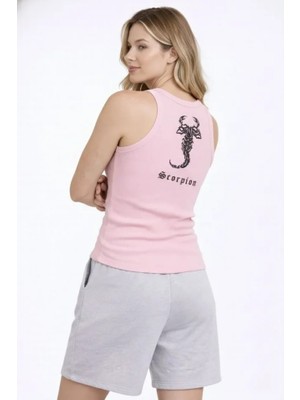 Buğrahayalin Fitilli Atlet Sıfır Yaka Slim Fit Arka Baskılı Spor Atlet - Pembe