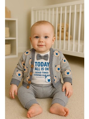 Veralya Papyonlu Bear Çizgili Model Ceketli 3'lü Erkek Bebek Takımı