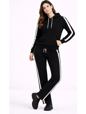 Başak Collection Kadın Yandan Şeritli Eşofman Takım Kapüşonlu Sweatshirt Boru Paça Alt, Oversize 3 Iplik Pamuklu - Siyah
