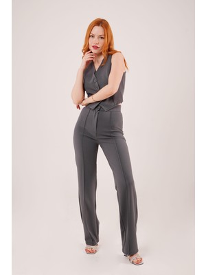 Başak Collection Ön Dikiş Detaylı Tek Düğme Gri Pantolon