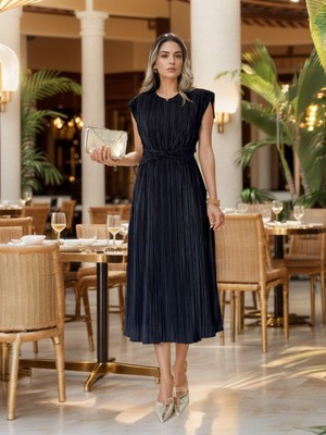 Başak Collection Kadın Plise Kumaş Bel Detaylı Midi Boy Elbise