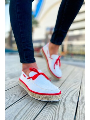 Zapatos CH311 Espadril Erkek Günlük Bağcıklı Hasır Taban Triko Klasik Ayakkabı Tht - Beyaz/kırmızı