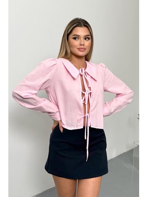 Jee Lee Kadın Önü Bağlama Detaylı Uzun Kollu Gömlek Pembe - 26Y 1045