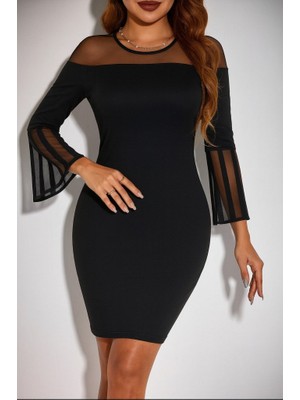 Başak Collection Kadın Uzun Şeffaf Şerit Kollu Madonna Yaka Vücudu Saran Dalgıç Kısa Elbise