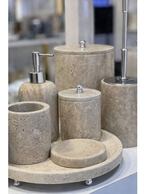 UltraMint Doğal Traverten Mermer Altın Detaylı 7’li Banyo Seti