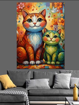 Tablomega Boyalı Iki Kedi Çizimi Dekoratif Kanvas - Mdf Ahşap Tablo