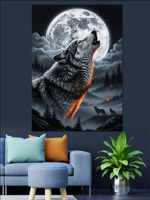Tablomega Dolunaya Uluyan Kurt Çizimi Dekoratif Kanvas - Mdf Ahşap Tablo