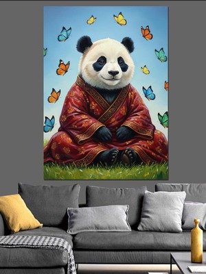 Tablomega Tüylü Panda Kelebeklerle Kaplı Dekoratif Kanvas - Mdf Ahşap Tablo