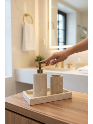 UltraMint Traverten Mermer Banyo Sabunluk ve Diş Fırçalık Seti, Gold Renk