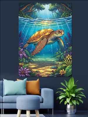 Karizma Tablo Deniz Kaplumbağası Sualtı Manzarası Dekoratif Kanvas - Mdf Ahşap Tablo