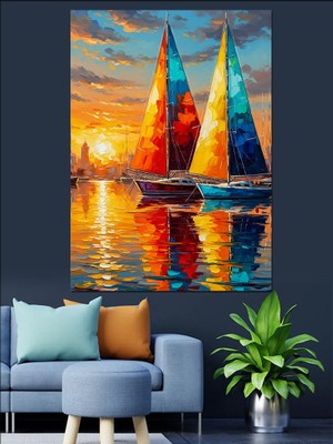 Tablomega Gün Batımı Yelkenli Yarışı Dekoratif Kanvas - Mdf Ahşap Tablo