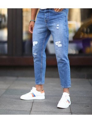 Başak Collection Erkek Mavi Yırtık Detaylı Boyfriend Jean