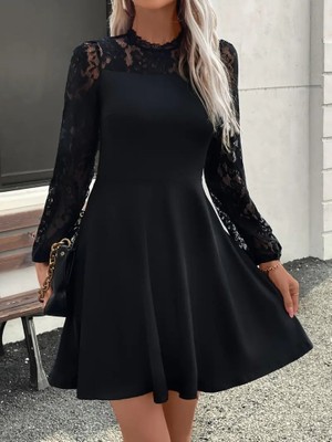 Başak Collection Kadın Uzun Kollu Dantelli Kloş Mini Ithal Krep Elbise