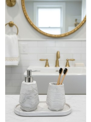 UltraMint Mermer Dokulu 3 Parça Banyo Seti (Sıvı Sabunluk, Fırçalık, Tepsi)