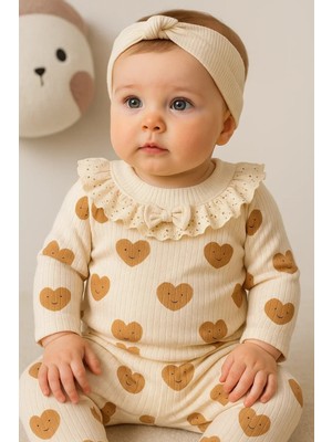 Veralya Kalp Baskılı Fisto Yaka 3 Parça Kız Bebek Takımı %100 Pamuk