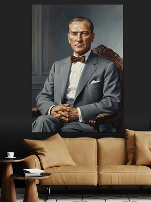 Tablomega Smokinli Ciddi Oturan Atatürk Dekoratif Kanvas - Mdf Ahşap Tablo