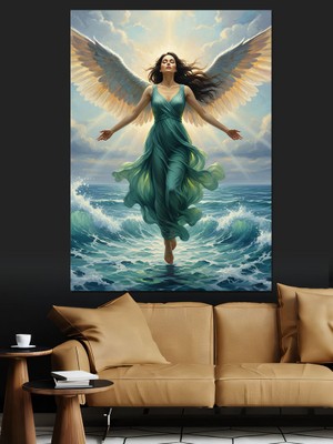 Karizma Tablo Kanatlı Mavi Elbiseli Melek Dekoratif Kanvas - Mdf Ahşap Tablo