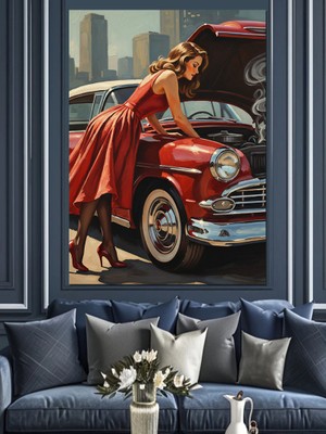 Artmeg Kırmızı Araba Tamir Eden Dekoratif Kanvas - Mdf Ahşap Tablo