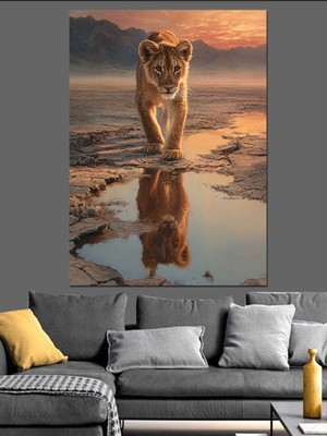Artmeg Suda Yürüyen Aslan Yavrusu Dekoratif Kanvas - Mdf Ahşap Tablo